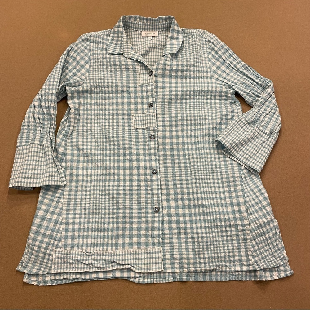 Habitat Blue & White Gingham Lightweight 3/4 Sleeve Button Down Tunic Size Small